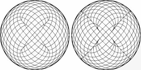 Two spherical wireframe structures with curved lines and complex geometry