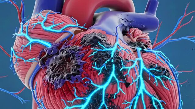 damaged heart muscle showing necrotic lesion and compromised coronary circulation with bright venous mapping, progressive tissue breakdown, visible thrombus formation, disrupted perfusion