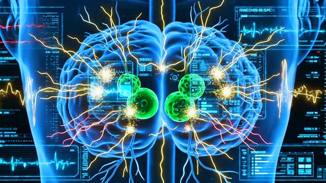 deep brain crosssection shows bilateral electrode targets with green activation spheres, neural pulses, monitoring overlays, waveform traces and neurosurgical guidance data