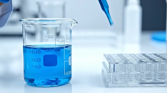 Laboratory Experiment - Pipetting Blue Liquid into Beaker and Microplate.