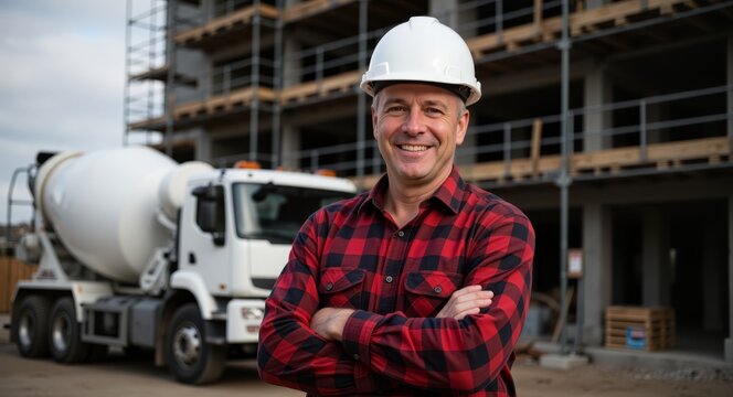 Selbstbewusster Bauarbeiter mit Schutzhelm auf moderner Baustelle vor Betonmischer, professionelles Portr&auml;t f&uuml;r Bauindustrie, Handwerk, Unternehmenskommunikation und Werbung