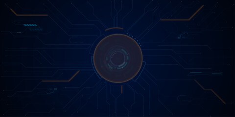 Fototapeta premium Technology science concept banner., Glowing AI circuit portal with neon HUD elements and digital tech lines spreading across futuristic background.