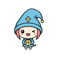 Obraz premium Cartoon character wearing blue hat and holding a cross