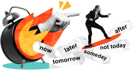 Businessman in suit surfing on a red board over procrastination words like tomorrow and someday, with a clock and pointing hand, collage style on white