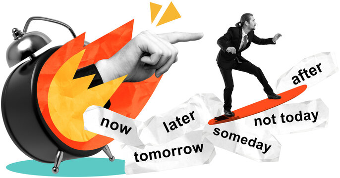 Businessman in suit surfing on a red board over procrastination words like tomorrow and someday, with a clock and pointing hand, collage style on white