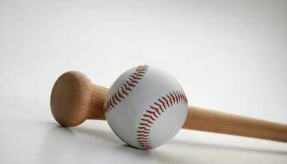 A baseball and a wooden baseball bat resting on a clean, light-colored surface, symbolizing the tools of the game.
