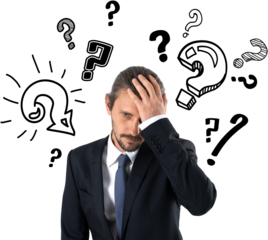 Businessman in formal suit holding head in confusion, surrounded by hand-drawn question marks, isolated on clean white background, concept of doubt