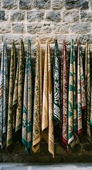 Colorful Fabric Scarves Hanging on Metal Rods Against Stone Wall in Outdoor Setting