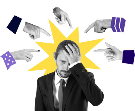 Frustrated man in suit holding head surrounded by multiple pointing hands, yellow burst symbol behind, collage style on white background, blame concept