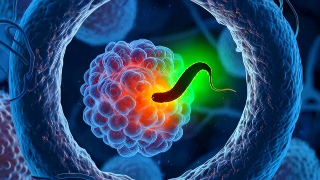 Sperm approaching colorful egg during fertilization inside microscopic environment, vivid membrane interaction and fusion point highlighted with thermal color map, embryology lab context