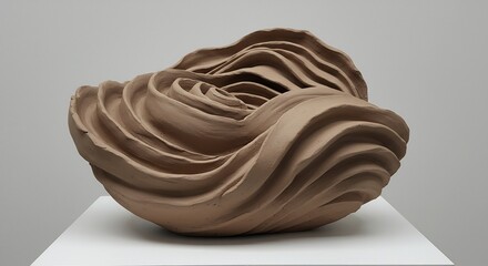 A swirling clay sculpture sits on a white platform against a neutral gray background featuring layered wavelike formations