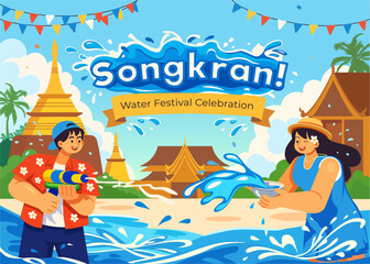 Fun Songkran Celebration in Thailand with Happy Man and Woman