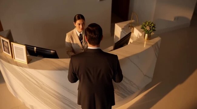 Businessperson interacting with a receptionist at a hotel or office front desk