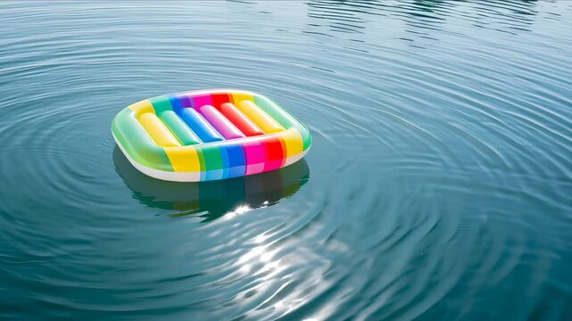 Rainbow Inflatable Float Drifting on Calm Water Ripples Sunlight Reflection