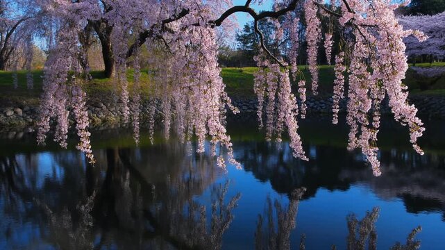 Weeping Sakura over Pond. Blooming Flowers Sakura Tree in Spring. Landscape/Reflection. Sakura tree (shidarezakura) with long, flowing branches cascading over a still, dark-blue pond.
