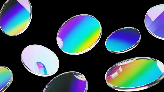 虹色に輝く浮遊するガラス円盤の抽象アート