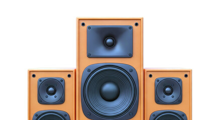 Fototapeta premium Three Orange Speakers with Black Woofers and Tweeters on White Background