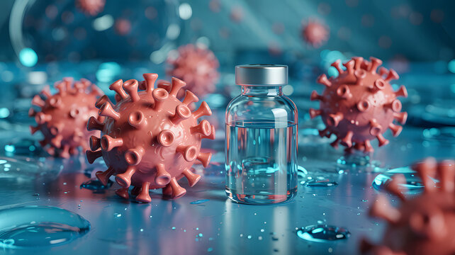 Vaccine vial with COVID-19 virus particles in laboratory setting