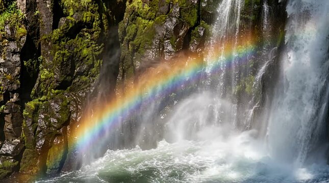 Cascading waterfall mist creates a vibrant rainbow over lush mossy rocks waterfall rainbow, spray, moss.
