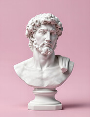 Obraz premium White marble bust of a bearded man with curly hair on a pink background.