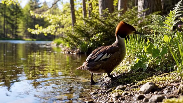 Elegant Hooded Merganser Duck near a tranquil Lake in Forest Environment, close up view