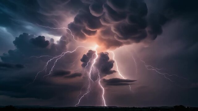 Stunning lightning strike illuminating dramatic storm clouds in the night sky