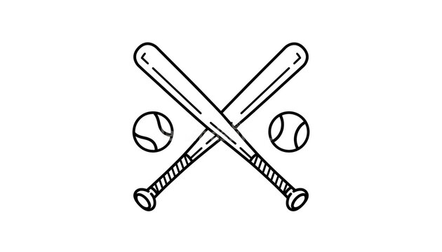 Black and white outline illustration of two crossed baseball bats with two baseballs, a minimalist design symbolizing the sport of baseball.