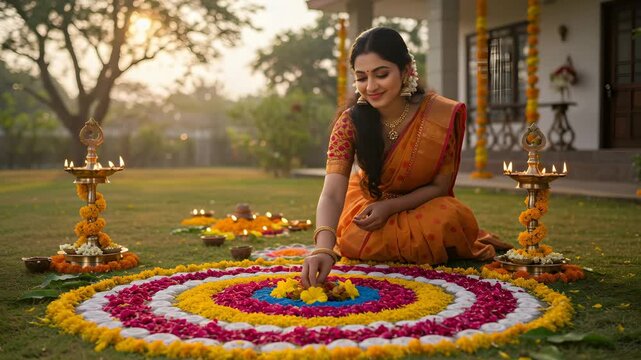 Woman creating a colorful floral rangoli on the grass for Onam holiday celebration, traditional Indian festival footage.