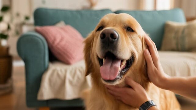 Happy golden retriever enjoying affection in a cozy living room with stylish decor