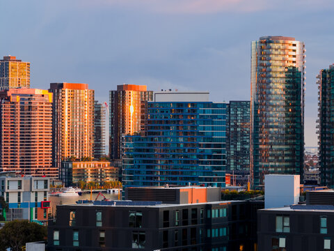 Close up aerial view of highrise buildings and towers in a major city CBD