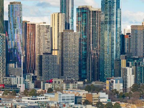 Close up aerial view of highrise buildings and towers in a major city CBD