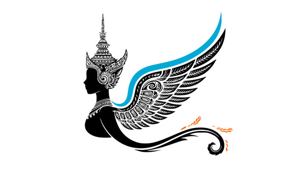 Mythological winged woman silhouette with ornate headdress, celestial Kinnari or Apsara goddess vector, traditional Southeast Asian fantasy art isolated on white.