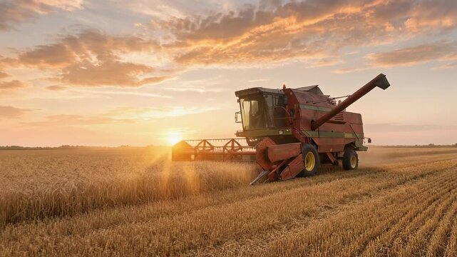 Harvesting machinery in a golden wheat field at sunset, agricultural landscape photography