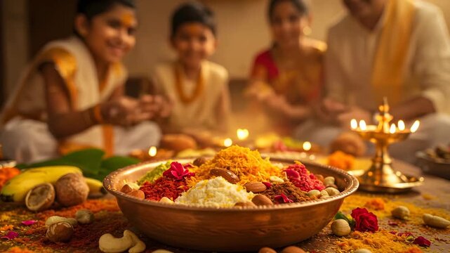 Hindu people prepare colorful Prasad offerings and light candles during Diwali or a puja ceremony in india, video footage