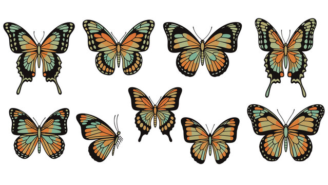 Collection of nine colorful butterfly species with detailed wing patterns in various flying and resting poses on white background.