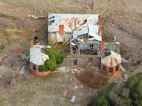 Aerial view of the ruins of an historic rural homestead
