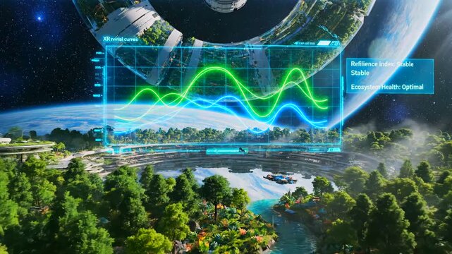 lush forest biome under orbital ring with river and holographic environmental graphs, satellite sensor overlay showing ecosystem metrics, misty valleys and conservation research mood