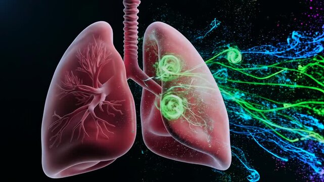 lungs and trachea shown with colorful airflow streams and particle trajectories, inhalation and aerosol deposition demonstrated for pulmonology research, clinician models inhaler delivery