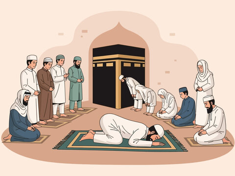 Muslim Men Praying in Mosque Illustration.
