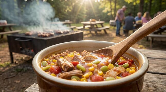 Hearty outdoor stew with pulled meat and vegetables being served from a bowl at a picnic gathering, soup.
