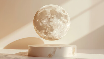 A luminous sphere resembling the moon hovers above a cylindrical pedestal in a minimalistic setting