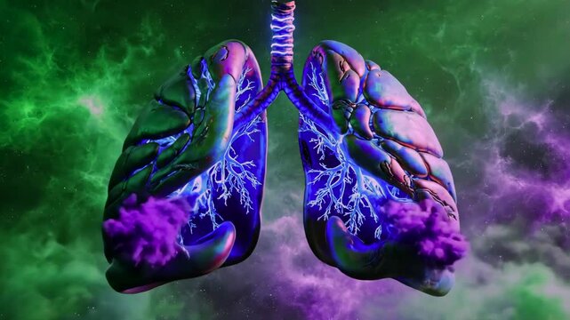 lungs suspended in ominous green and purple haze illustrating pollution and toxic exposure, particulate clouds invade airways and bronchioles while environmental scientist models health risk