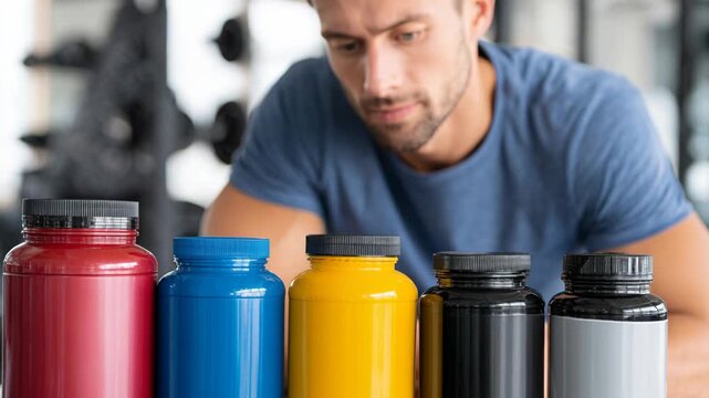 A man in a gym looks at a row of colorful supplement bottles, selecting one to examine.