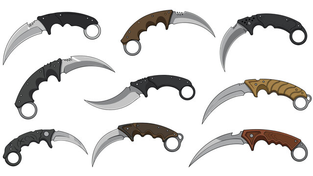 Collection of ten different karambit tactical knives with curved blades and various handle designs for martial arts and defense on white.