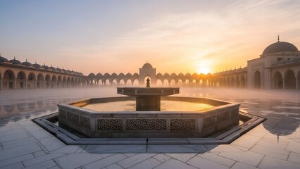 Fototapeta premium Tranquil sunrise over a mosque courtyard with a central fountain, bathed in soft golden light and gentle mist.