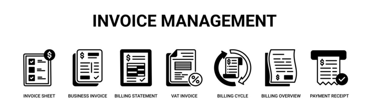 Invoice Management web banner icon vector illustration concept with icon of invoice sheet, business invoice, billing statement, vat invoice, billing cycle, billing overview, payment receipt.