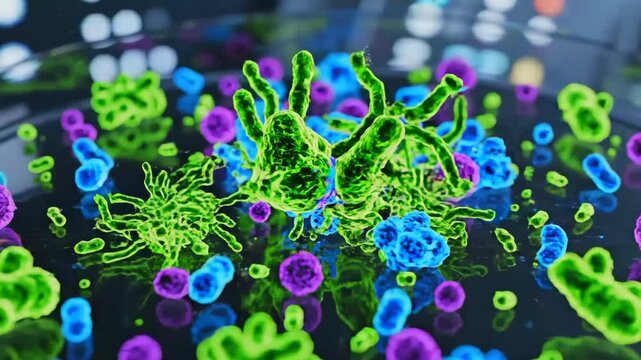 Fluorescent microbes in petri dish, closeup of colorful bacterial colonies under lab lights microbiologist analysis vibe, agar growth patterns, sterile bench background, highcontrast neon