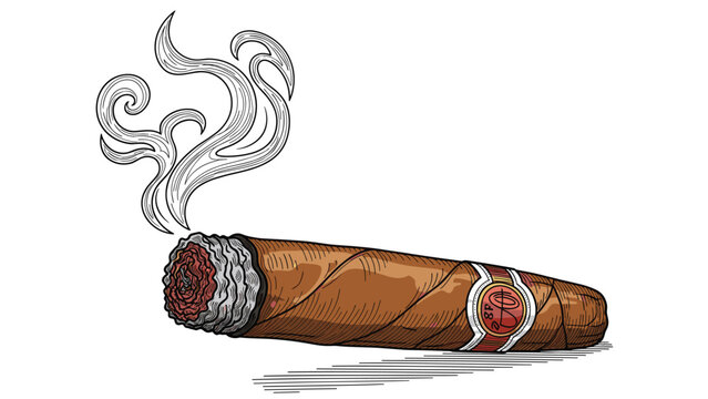 Hand drawn brown cigar with smoke and a label for luxury tobacco, gentlemen clubs, and classic lifestyle concepts.