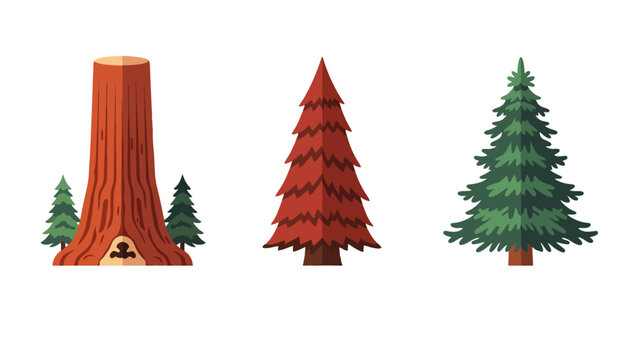 Illustrative vector set of a hollow redwood stump a red pine and a green fir tree.