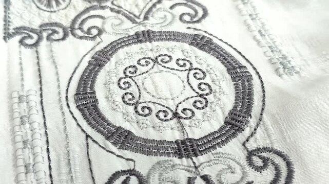 Close-up of grey embroidery on white fabric, featuring elegant scroll patterns and intricate stitch details on a traditional shirt